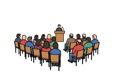 Kilise toplantısı, Clipart. Bir konuşmacı, bir topluluk ortamında ilişki ve iletişimi sembolize ederek oturmakta olan bir dinleyiciye hitap ediyor. Çizim tasarımı.