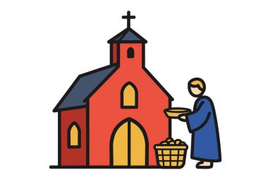 Kilise klip sanatını sunuyor. Elinde kâse tutan mavi cüppeli biri elinde bir sepet adak taşıyan kırmızı bir kilisenin yanında duruyor. Çizim tasarımı.