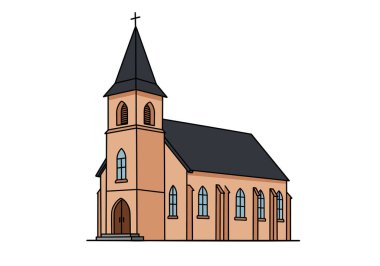 Katolik kilisesine tırman. Uzun bir çan kulesi, haçı, kemerli pencereleri ve ana girişi olan bir kilise. Çizim tasarımı.