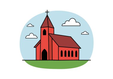 Kilisenin klip sanatı. Çan kulesi ve haçı olan, bulutlar ve yeşil çimlerle çevrili kırmızı bir kilise. Çizim tasarımı.