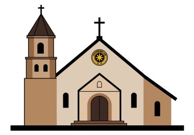 Iglesia Ni Cristo Kilisesi. Görüntü, üzerinde haç, çan kulesi ve dairesel amblem olan bir kiliseyi gösteriyor. Çizim tasarımı.