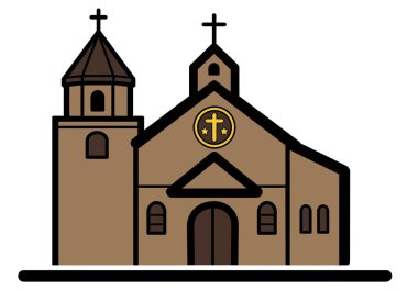 Iglesia Ni Cristo clipart. Bu resim iki haçlı kahverengi bir kiliseyi, bir haçlı dairesel amblemi, iki yıldızı ve bir çan kulesini gösteriyor. Çizim tasarımı.