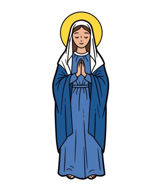 Lourdes Leydimiz. Görüntü, mavi cübbe ve beyaz peçe takan, dua eden elleri olan dini bir figürü gösteriyor. Çizim tasarımı.