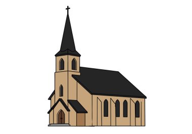 Presbiteryen kilise klipsi sanatı. Bu resim uzun bir çan kulesi ve siyah çatısı olan bej bir kiliseyi gösteriyor. Çizim tasarımı.