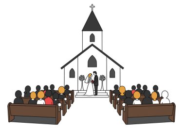 Düğün kilisesi zirvesi. Gelin ve damat kilisenin mihrabında, sıralarda oturan misafirlerle dururlar. Çizim tasarımı.