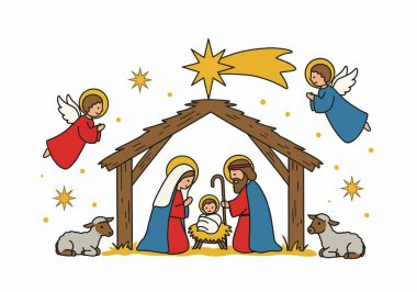 Noel için dini bir klişe. Bu resimde Meryem, Yusuf, bebek İsa, melekler ve yukarıda bir yıldızla ahşap bir ahırın altındaki koyunun doğum sahnesi yer alıyor. Çizim tasarımı.