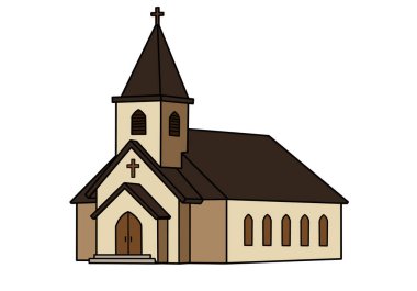 Afrika kökenli Amerikan kilise klipleri. Bu resim, inanç ve topluluğu sembolize eden çan kulesi ve haçı olan geleneksel bir kilise binasını gösteriyor. Çizim tasarımı.