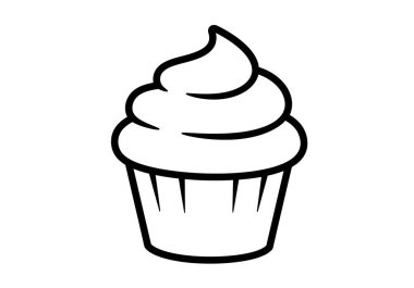 Cupcake siyah beyaz klipsi. Bu resim, kıvrılmış kremalı basit siyah beyaz kek resimlerini gösteriyor. Çizim tasarımı.