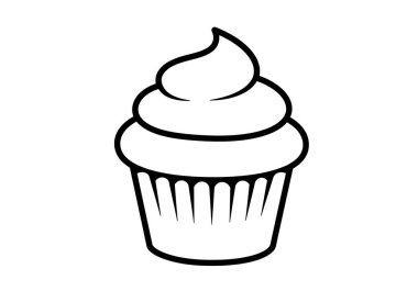 Cupcake ana hatları klipte. Bu resim, kıvrılmış kremalı basit siyah beyaz kek resimlerini gösteriyor. Çizim tasarımı.