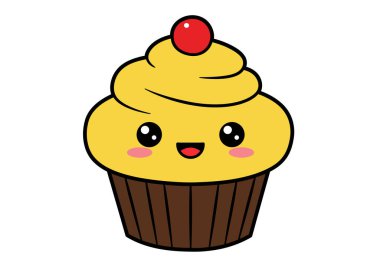 Sevimli kek klipsi sanatı. Bu resim sarı kremalı kawaii tarzı kek, üstünde kırmızı kiraz ve pembe yanaklı gülen bir yüz gösteriyor. Çizim tasarımı.