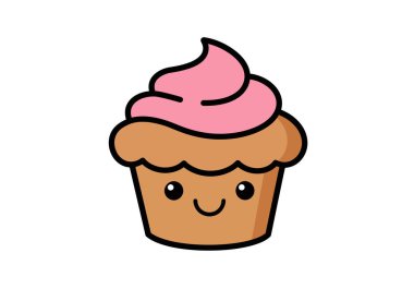 Şirin bir kek parçası. Pembe şekerli bir kek, neşeli bir gülen yüz, ve büyüleyici detaylar, neşe saçan bir eğlence. Çizim tasarımı.