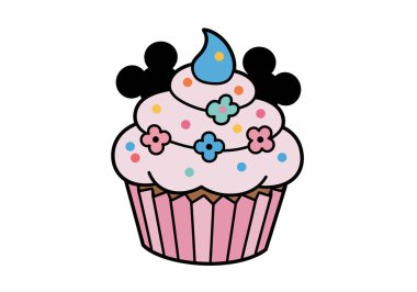 Disney Cupcake klibi. Miki Fare kulaklı, çiçekli ve serpiştirilmiş renkli bir kek, neşeli bir cazibe yayıyor. Çizim tasarımı.