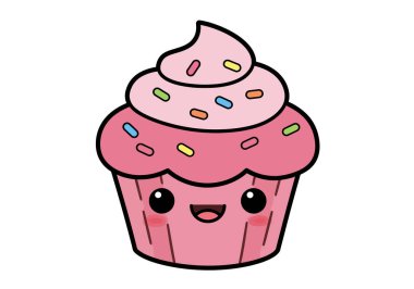 Kawaii cupcake klipleri. Gülen yüzlü, renkli serpiştirilmiş ve kremalı şirin pembe bir kek. Çizim tasarımı.