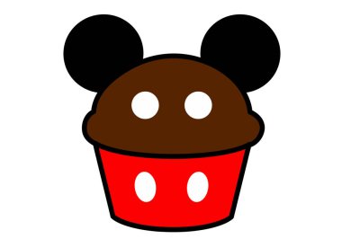 Mickey cupcake klibi. Çikolata kaplı ve kırmızı tabanlı Mickey Mouse 'a benzemesi için tasarlanmış bir kek. Çizim tasarımı.
