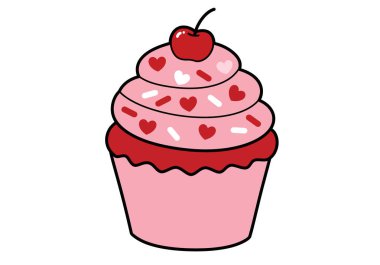 Sevgililer Günü cupcake klibi. Üzeri kirazla kaplı pembe bir kek ve süsleme süsü. Çizim tasarımı.