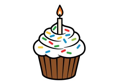 Doğum günü Clipart keki. Beyaz kremalı bir kek, renkli şekerlemeler, ve tepesinde yanan bir mum, neşe saçan bir tezahürat. Çizim tasarımı.