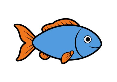 Clip Art çizgi film balığı. Bu resim turuncu yüzgeçli, kuyruklu ve gülümseyen yüzlü mavi bir balığı gösteriyor. Çizim tasarımı.