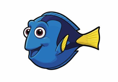 Clip art dory balığı. Bu resim, mavi ve sarı renkli, büyük gözlü ve gülümseyen yüzlü bir balığın karikatür çizimini gösteriyor. Çizim tasarımı.