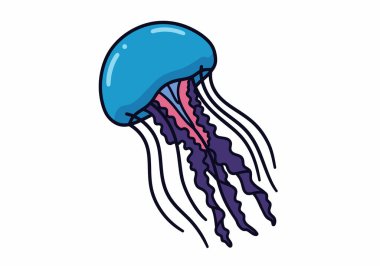 Clip art denizanası. Mor ve pembe dokunaçlı mavi bir denizanası. Çizim tasarımı.