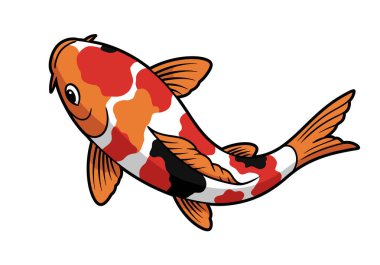 Clip art koi balığı. Turuncu, siyah ve beyaz desenli renkli koi balığı. Çizim tasarımı.