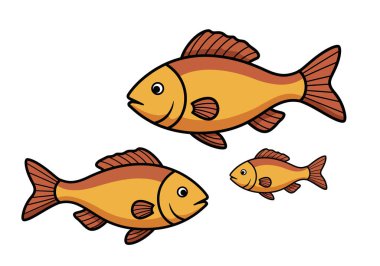 Clip art bir balık iki balık. Farklı boylarda, sarı ve kahverengi renkli üç karikatür balığı. Çizim tasarımı.