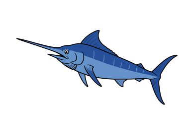 Clipart kılıç balığı. Uzun, sivri bir gagası ve düzgün bir vücudu olan mavi bir kılıç balığı. Çizim tasarımı.