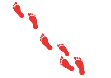 Ayak Adımları Clipart. Beyaz arka planda çapraz dizilmiş kırmızı ayak izleri. Çizim tasarımı.