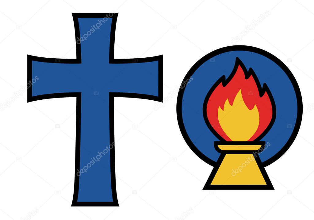 United Methodist emblem clip art. This image features a blue cross and a flame within a blue circle. Illustration design.