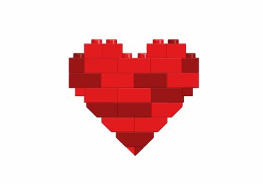 Lego kalbi klipsi. Bu resim kırmızı lego tuğlalarından yapılmış bir kalp şeklini gösteriyor, yaratıcılığı, eğlenceyi ve aşkı sembolize ediyor. Çizim tasarımı.