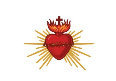 İsa 'nın kutsal kalbi. Bu resim, altın ışıklarla çevrili dikenli bir taç, alevler ve haçı olan kırmızı bir kalbi gösteriyor. Çizim tasarımı.