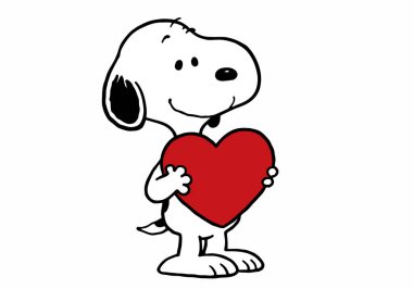 Snoopy kalp klipsi. Bu resim Snoopy 'nin kırmızı bir kalp tuttuğunu gösteriyor. Aşkı, sıcaklığı ve sevinci simgeliyor. Çizim tasarımı.