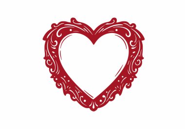 Klasik kalp klipsi sanatı. Bu resim, zarafet ve romantizmi sembolize eden karmaşık girdap ve kalıplarla süslü, kırmızı bir kalp çerçevesi gösteriyor. Çizim tasarımı.