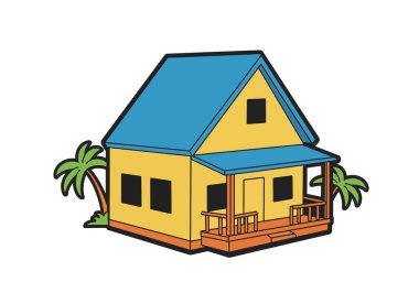 Clip Art Plaj Evi. Mavi çatılı, verandalı ve palmiye ağaçlı sarı bir ev. Çizim tasarımı.
