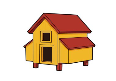 Clip art tavuk kümesi. Bu resim kırmızı çatılı ve iki pencereli sarı bir tavuk kümesini gösteriyor. Çizim tasarımı.