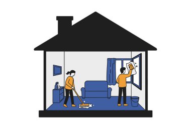 Ev temizleme klipsi sanatı. Bir paspas ve bezle odayı temizleyen iki kişi. Çizim tasarımı.
