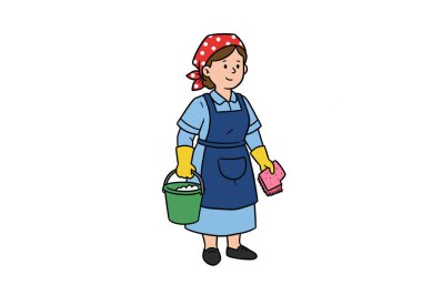 Temizlikçi kadın. Bu resim, eldiven ve önlük giyerken elinde sabun köpüğü ve sünger tutan çizgi film tarzı temizlikçi kadını gösteriyor. Çizim tasarımı.