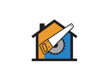 Clip Art Home logosu. Bu resim, evin gelişimini ve marangozluğu sembolize eden testere ve dairesel testere bıçağıyla birleştirilmiş bir evi gösteriyor. Çizim tasarımı.