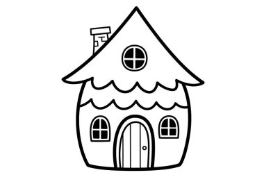 Peri evi siyah beyaz klip sanatı. Bu resim eğri çatılı, yuvarlak pencereli ve bacalı kaprisli bir evi gösteriyor. Çizim tasarımı.