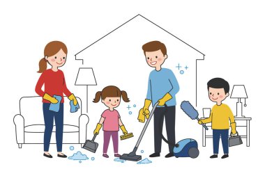 Aile evi temizliyor. Bir aile evi birlikte temizliyor, çeşitli temizlik aletleri kullanıyor. Çizim tasarımı.