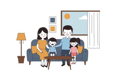 Aile oturma odasında toplanıyor. Dört kişilik bir aile oturma odasındaki kanepede oturuyor. Pencere, lamba ve duvar resimleri de var. Çizim tasarımı.
