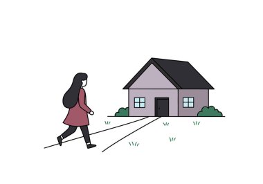 Eve gidiyorum, Clipart. Çalılar ve çimlerle çevrili bir eve doğru yürüyen bir insan. Çizim tasarımı.