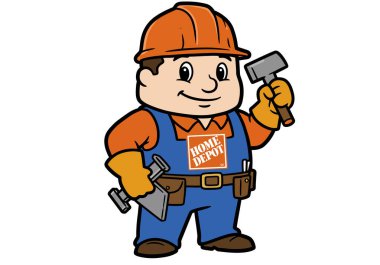 Home Depot Homer klip sanatı. Gömleğinde Home Depot logosu olan ve elinde aletleri olan bir çizgi film karakteri. Çizim tasarımı.