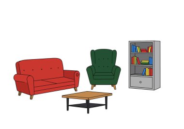 Ev eşyaları klipsi. Bu resim kırmızı bir kanepe, yeşil bir koltuk, ahşap bir sehpa ve renkli kitaplarla dolu gri bir kitaplığı gösteriyor. Çizim tasarımı.