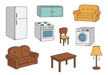 Ev eşyaları toplanıyor. Bu resim, buzdolabı, ocak, çamaşır makinesi, kanepe, masa, lamba ve dolap gibi çeşitli ev eşyaları gösteriyor. Çizim tasarımı.