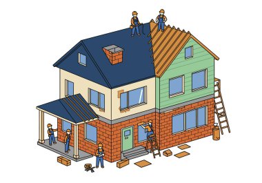 Ev tadilatı klibi. Bu görüntü, çeşitli inşaat ve yenileme işleri yapan işçilerle dekore edilmiş bir evi gösteriyor. Çizim tasarımı.