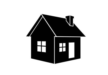 Ev silueti klipsi sanatı. Basit çizgiler ve kalın kontrast içeren minimalist tarzda pencereleri, kapısı ve bacası olan siyah bir ev. Çizim tasarımı.