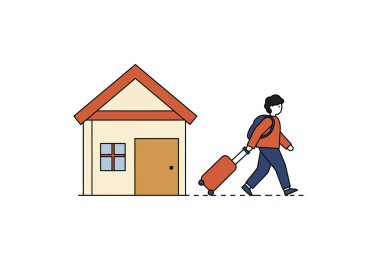 Clipart 'tan ayrılıyorum. Bu resim sırt çantası ve bavuluyla evden uzaklaşan birini gösteriyor. Çizim tasarımı.