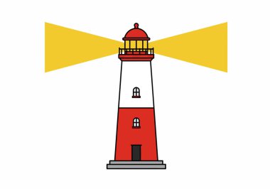 Işık evi klipsi sanatı. Bu görüntü, açık denizde gemilere rehberlik eden sarı bir ışık huzmesi olan kırmızı ve beyaz bir deniz fenerini gösteriyor. Çizim tasarımı.