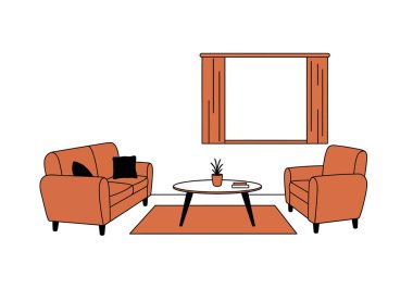 Oturma odası klipsi sanatı. Bu resim bir kanepe, koltuk, sehpa, pencere, perdeler, halı, yastıklar, bitki ve kitaplarla dolu bir oturma odasını gösteriyor. Çizim tasarımı.