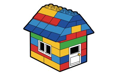 Lego evi tırmanışı. Renkli Lego tuğlaları, çatısı, kapısı ve penceresi olan, yaratıcılığı ve oyuncu yapısını gösteren bir ev oluşturur. Çizim tasarımı.